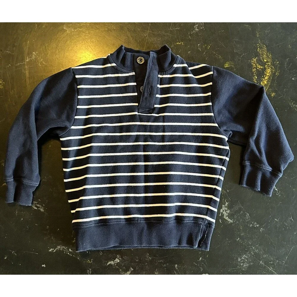 Gymboree small 4/5 White and Navy Blue Striped 1/4 Button Neck Sweatshirt Great